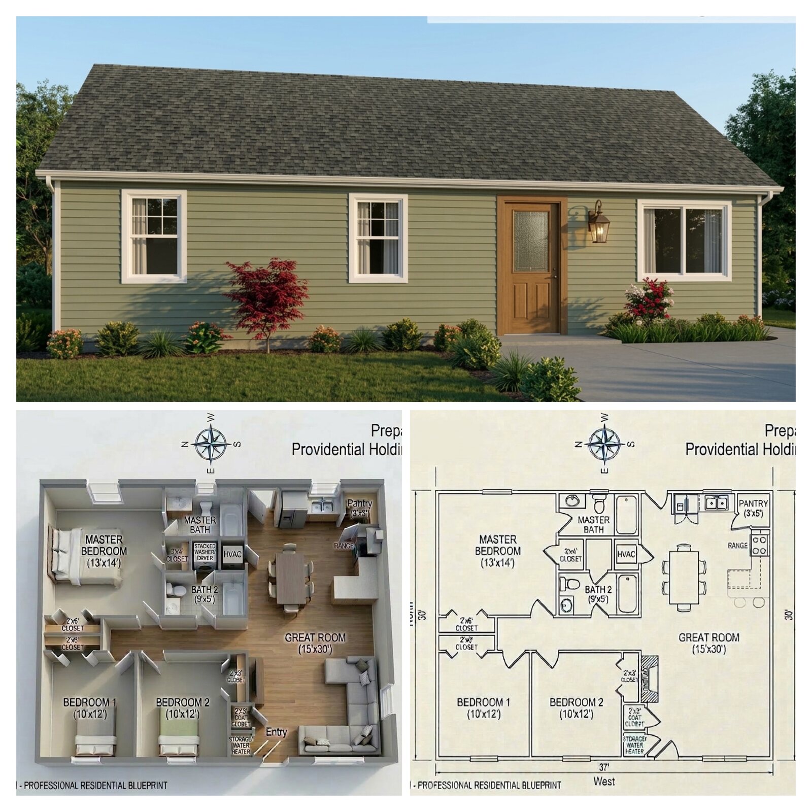 Architectural rendering and floor plans of a 3-bedroom ranch home developed by Providential Holdings